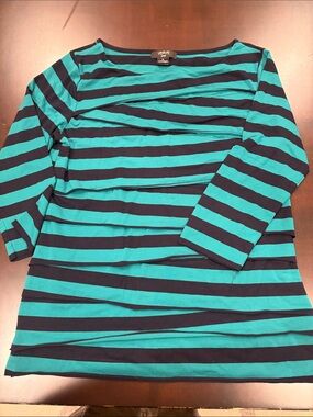 Verve Ami Black and Teal Striped 3/4 Sleeve Top